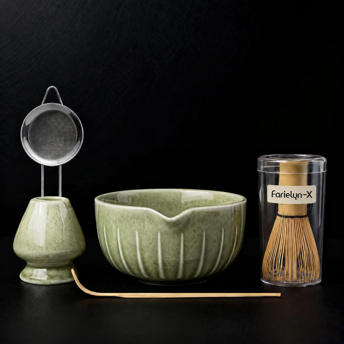 Farielyn-X Matcha Whisk Set, Japanese Tea Set (5pcs) includes Matcha Bowl with Spout (19 oz), Bamboo Whisk, Matcha Scoop