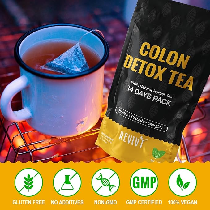 REVIVT Colon Detox Tea, All Natural Colon Cleanse Tea with Senna, Dandelion, Peppermint, Support Gut and Digestive Health for Women and Men, Non GMO, 14 Day Supply