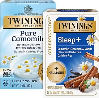 Twinings Bedtime Tea Variety 2-Pack Pure Camomile Teabags and Superblends, Cinnamon & Vanilla + Melatonin Tea, Naturally Caffeine-Free