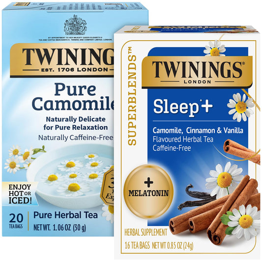 Twinings Bedtime Tea Variety 2-Pack Pure Camomile Teabags and Superblends, Cinnamon & Vanilla + Melatonin Tea, Naturally Caffeine-Free