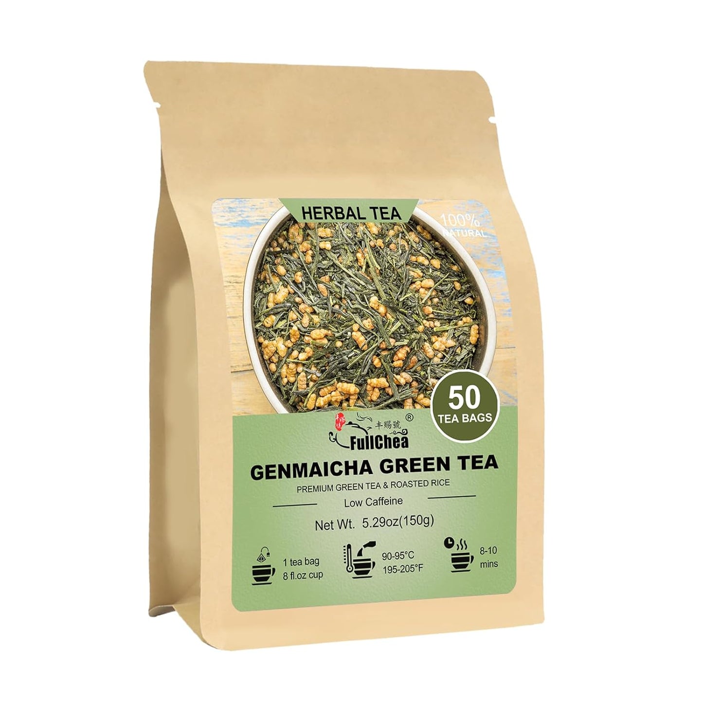 FullChea - Genmaicha Tea Bags, 50 Count, Green Tea with Roasted Rice