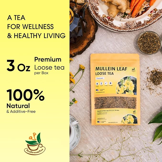 TeaDreamTea Dried Mullein Herbal Tea - Natural Mullein Flowers 3 OZ Loose Tea - Caffeine-free - Pure Natural Premium Mullein Leaf