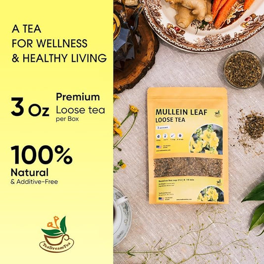 TeaDreamTea Dried Mullein Herbal Tea - Natural Mullein Flowers 3 OZ Loose Tea - Caffeine-free - Pure Natural Premium Mullein Leaf