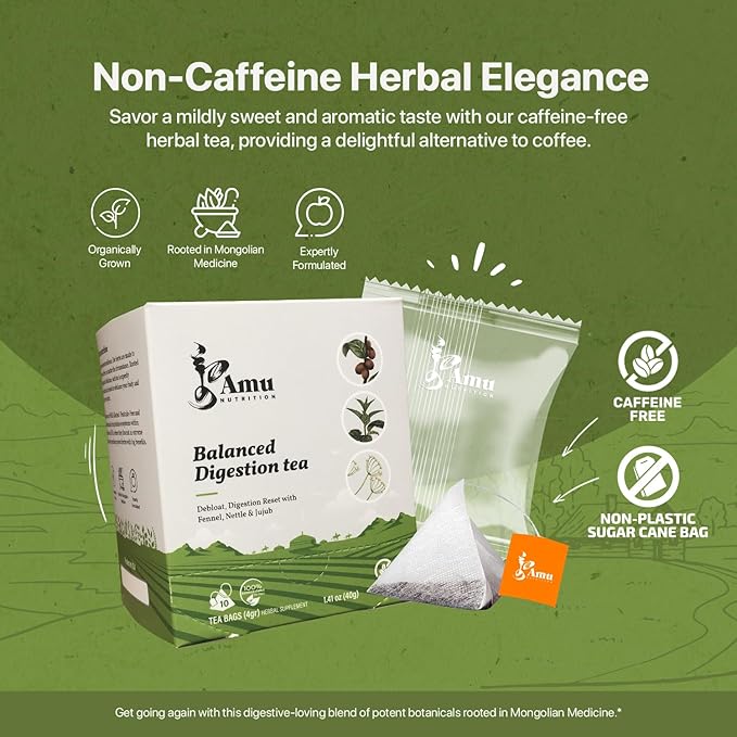 Amu Nutrition's Balanced Digestion Tea with Mongolian Nettle Leaf, Jujube, Fennel - 10 Sugarcane Teabags