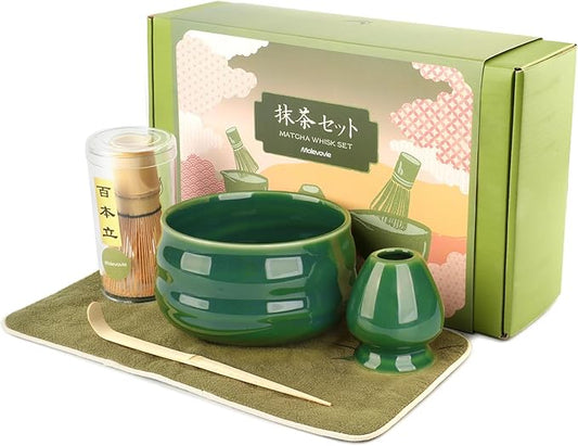 Matcha Whisk Set – Ceramic Matcha Set with Matcha Bowl, Matcha Whisk & Holder, Bamboo Scoop, Tea Towel – 5-Piece Japanese Matcha Kit for Matcha Lovers, Beginners & Gifting (Green, 20oz)
