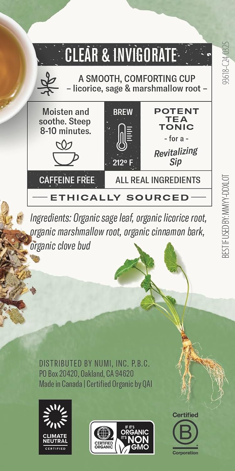 Numi Organic Throat Soother Tea, 48 Herbal Tea Bags, Caffeine Free