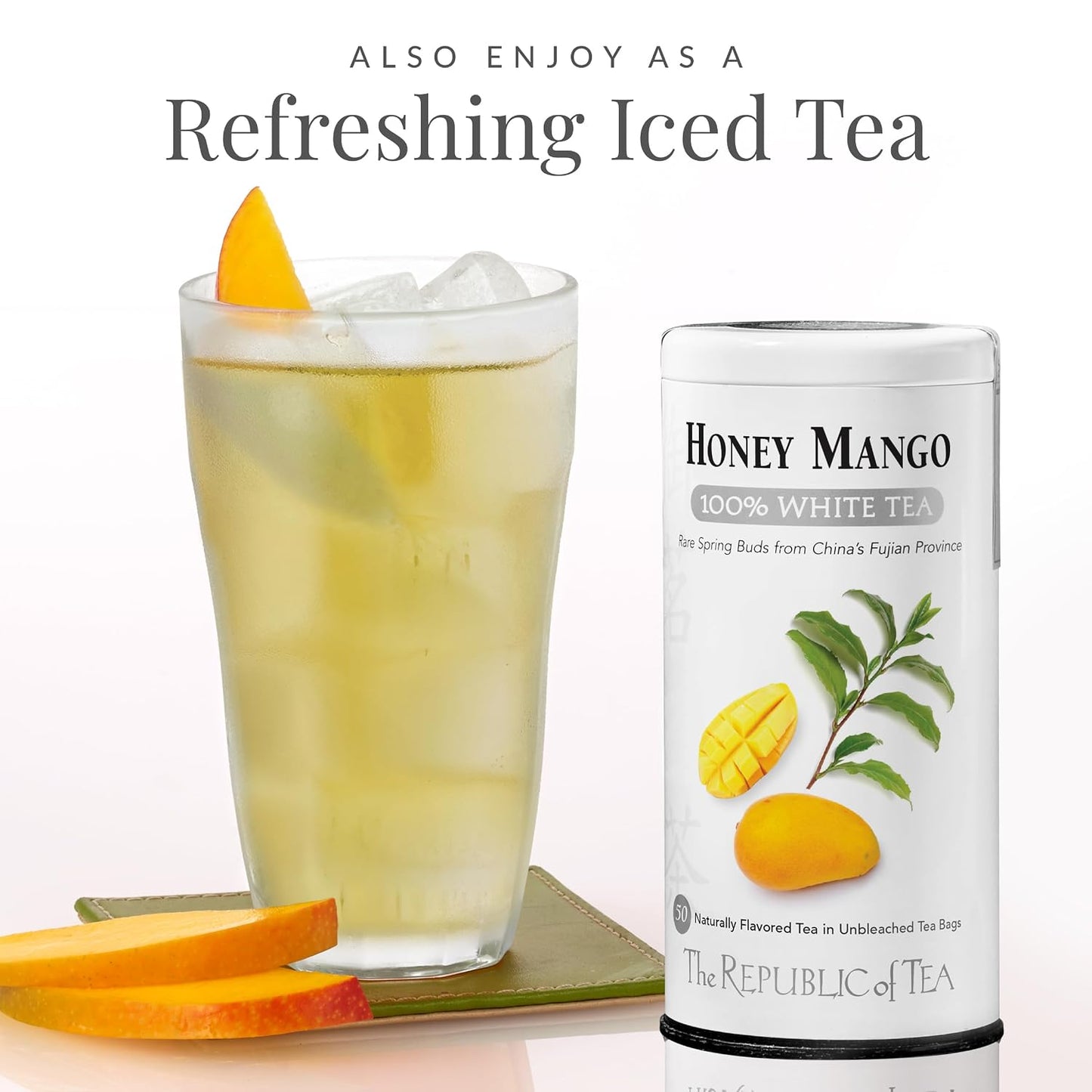The Republic of Tea Honey Mango 100% White Tea, Low Caffeine, 50 Count | A gentle cup for everyday sipping. Delicate and smooth with notes of juicy fruit. Gluten Free and Carb Free.