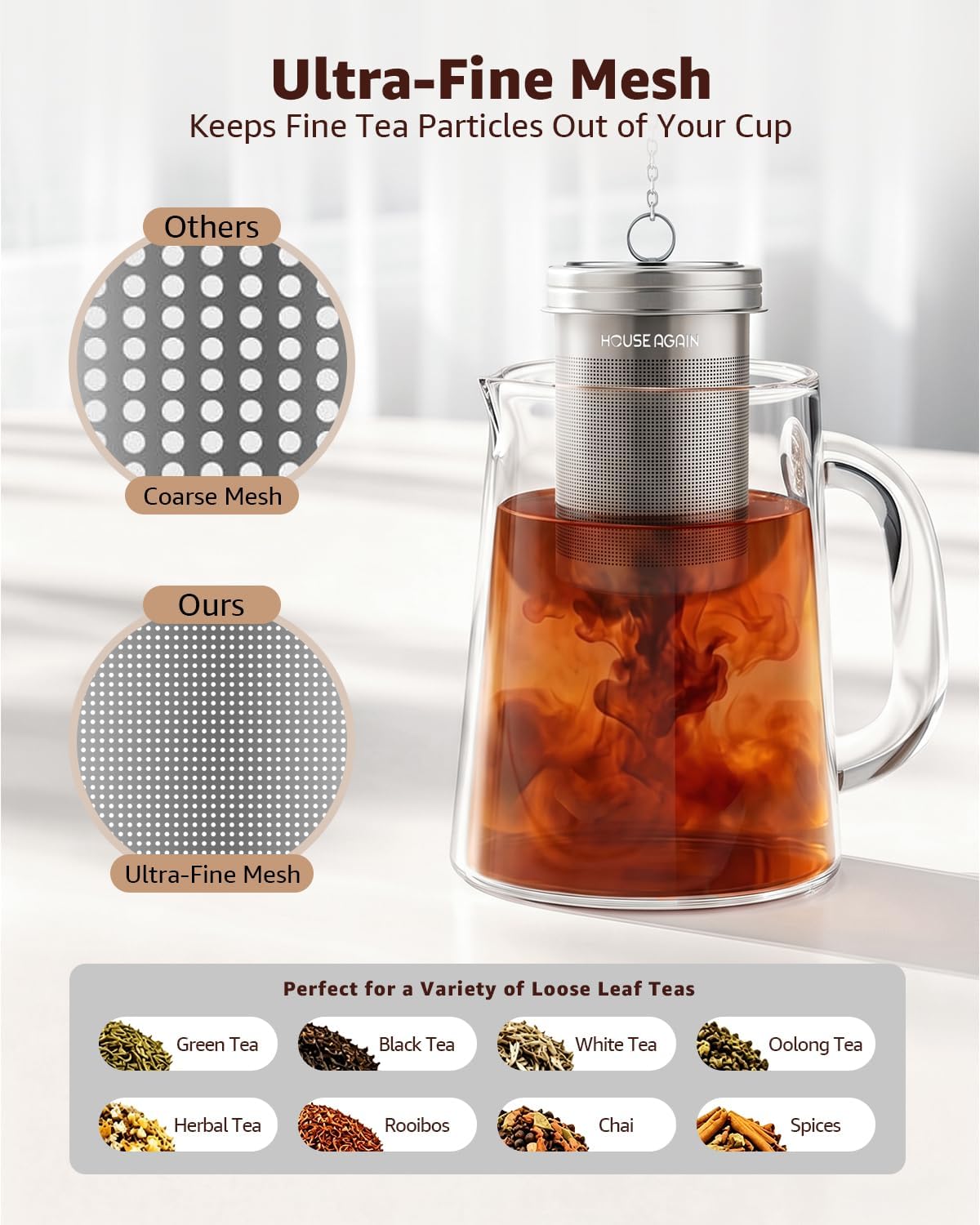 HOUSE AGAIN Tea Infuser, Extra Fine Mesh Tea Infusers for Loose Tea, 18/8 Stainless Steel Tea Strainer with Extended Chain Hook, Tea Steeper for Brew Tea, Spices &amp; Seasonings Small × 2