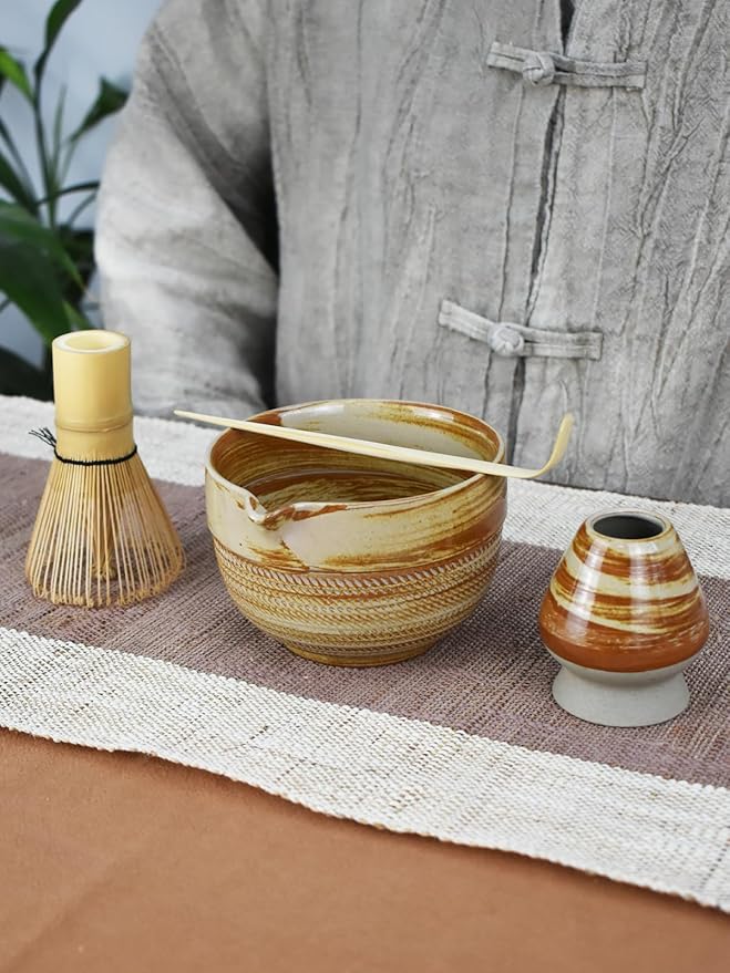 Matcha Tea Set – 4 Piece Traditional Japanese Matcha Kit with Beige & Brown Ceramic Spout Bowl, Whisk, Holder, Scoop & Guide