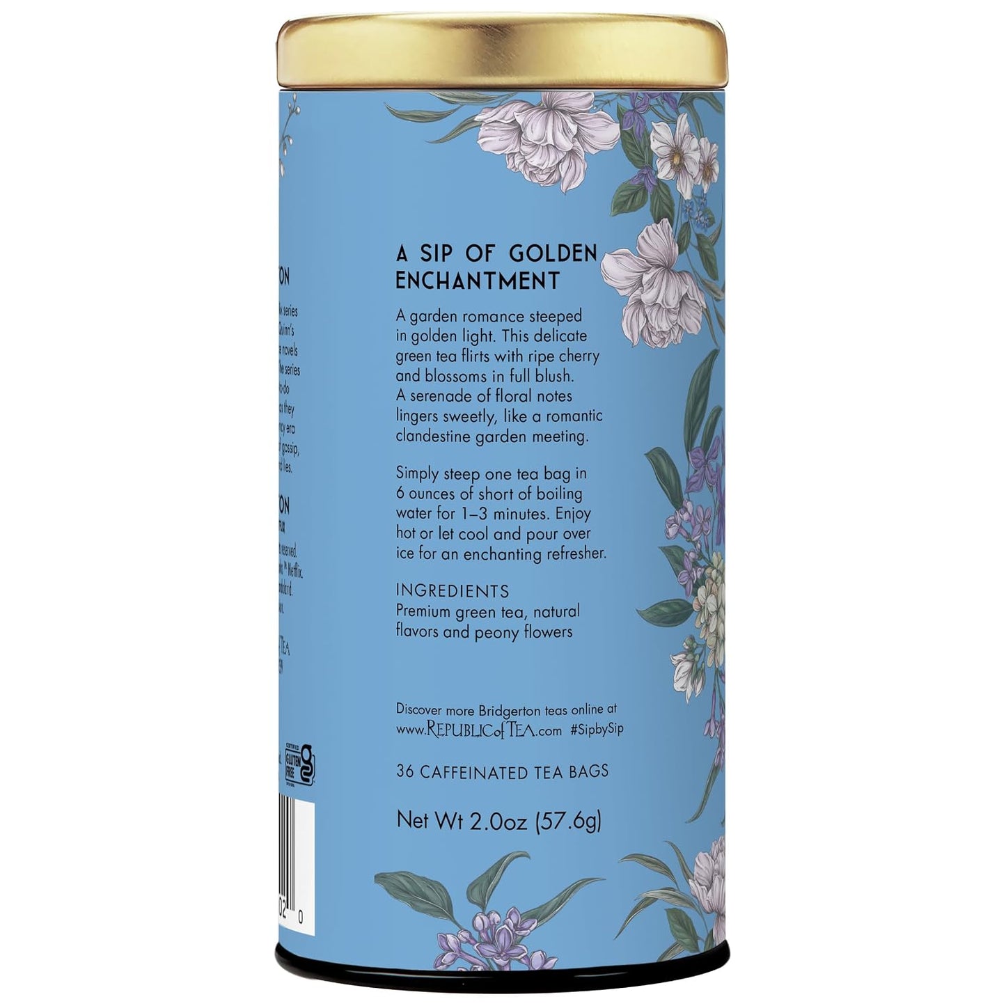 The Republic of Tea Bridgerton Sophie &amp; Benedict Love in Bloom Green Tea | Low Caffeine. 36 Count. A gentle cup for everyday sipping. Fresh with light vegetal notes. Gluten Free.