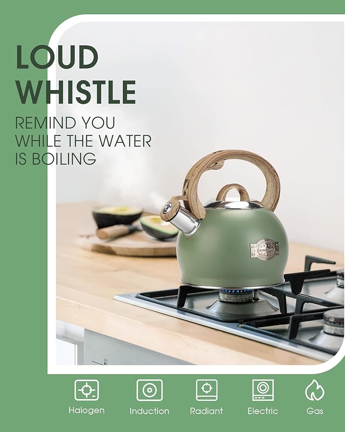 Tea Kettle Stovetop, 2.1 Quart Stove Top Whistling Tea Kettle, Teapot Kettles with Food Grade Stainless Steel and Wood Pattern Folding Handle