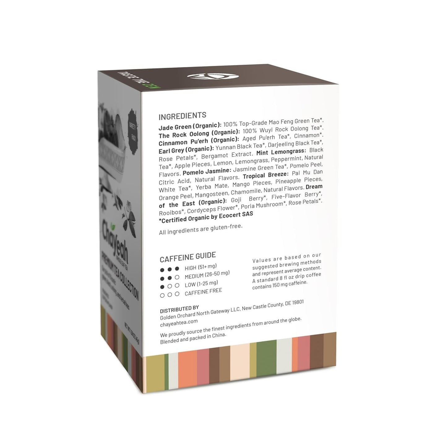 CHAYEAH, Premium Tea Collection (16 Pyramid Tea Sachets, 8 Assorted Flavors), Green, Black, Oolong, Pu’erh & Herbal Tea Sampler Variety Pack, Caffeinated and Non-Caffeinated, Whole Leaf Tea Bag