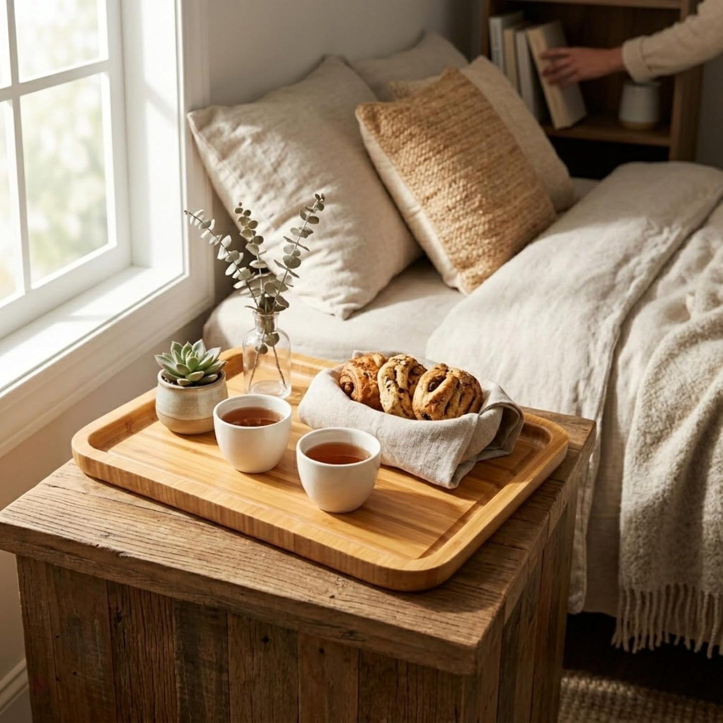 Bamber Large Size Bamboo Serving Tray, Rectangular, 15.5 x 11.8 x 0.8 Inches