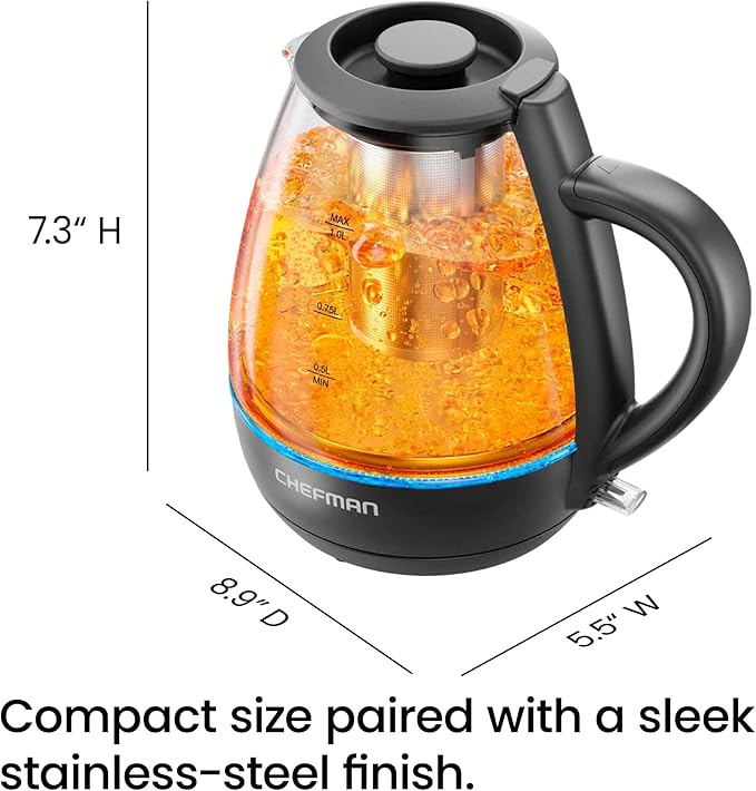 Chefman Electric Kettle with Tea Infuser, 1L 1500W, Removable Lid for Easy Cleaning, Boil-Dry Protection, Stainless Steel Filter, BPA Free