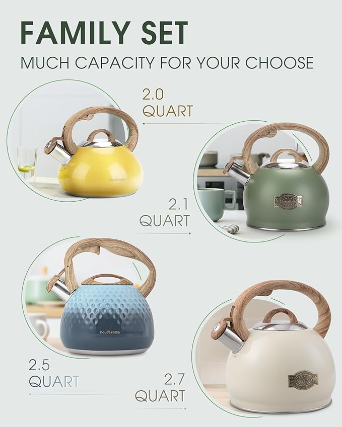 Tea Kettle Stovetop, 2.1 Quart Stove Top Whistling Tea Kettle, Teapot Kettles with Food Grade Stainless Steel and Wood Pattern Folding Handle
