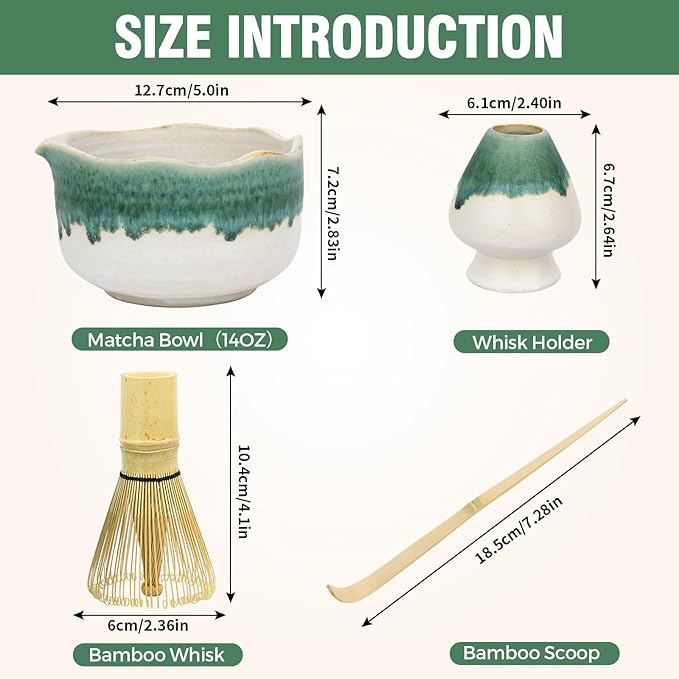 Pottery Matcha Set - Japanese Handcrafted Matcha Tea Bowl Mineral Glaze Bowl with Spout, Bamboo Whisk, Scoop & Chasen Holder