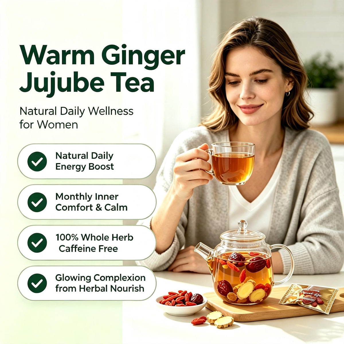 Harbique Organic Ginger Herbal Tea with Jujube(Red Date), Goji Berry & Longan – Caffeine Free Wellness Tea for Women, 25 Ct