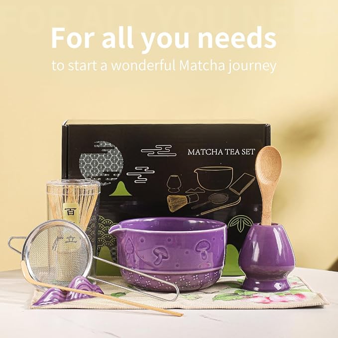 Matcha Set, 8-Piece Ceramic Matcha Bowl & Whisk Kit with Mushroom Pattern, Traditional Japanese Chawan, Bamboo Chasen, Scoop & Sifter