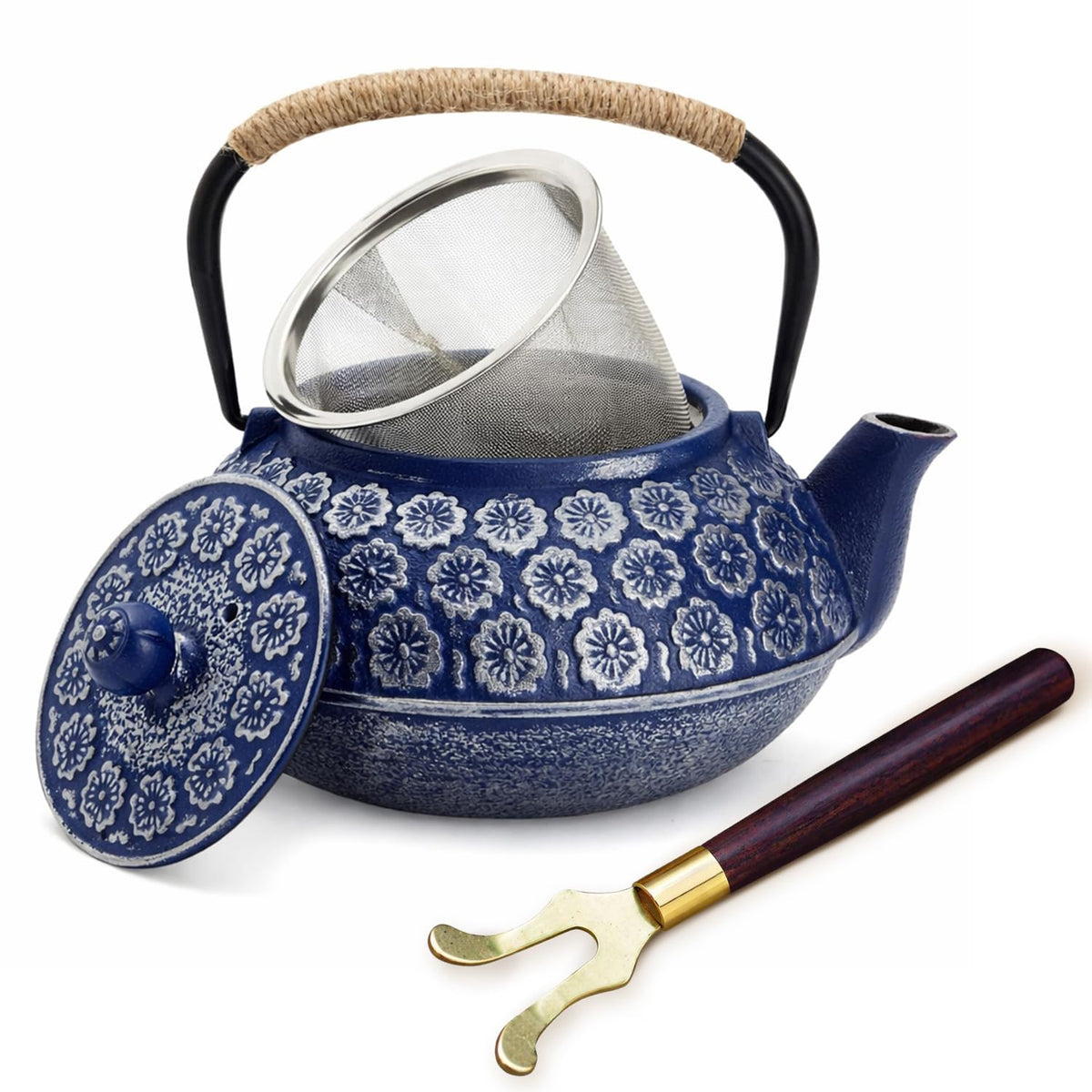 Juvale Japanese Cast Iron Teapot with Infuser & Stovetop Tea Kettle - 34 oz, Blue - Heat Retention, Removable Lid & Fold-Down
