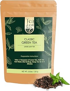 Tealeaf & Co. Classic Green Tea Loose Leaf - 100% Organic Green Tea - Contains Low Caffeine - Upto 50 Servings - Gluten Free (3.52oz/100gm)