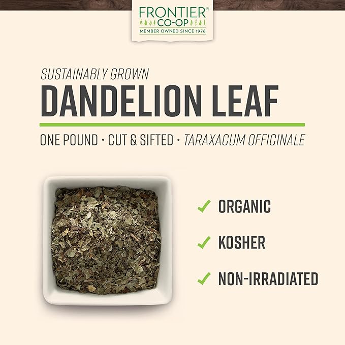 Frontier Co-op Organic Dandelion Leaf, Cut and Sifted - Dried for Loose Tea, Caffeine-Free Coffee Alternative, or Powder Supplement Capsules - Kosher | 16 Ounce (Pack of 1)