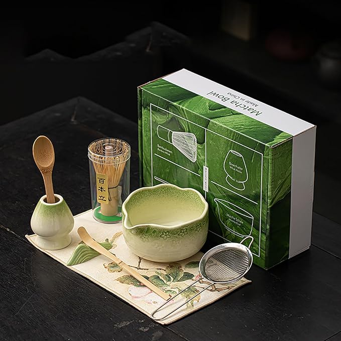 Matcha Whisk Set, 8-Piece Matcha Tea Set with Bamboo Whisk (Chasen), Ceramic Bowl (Chawan), Sifter, Scoop & Holder for Home Use (Gradient Green)