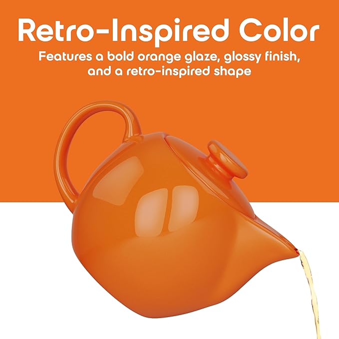 OmniWare 14 Oz Stoneware Teapot with Stainless Steel Mesh Infuser (Orange) - Microwave & Dishwasher Safe, Removable Infuser