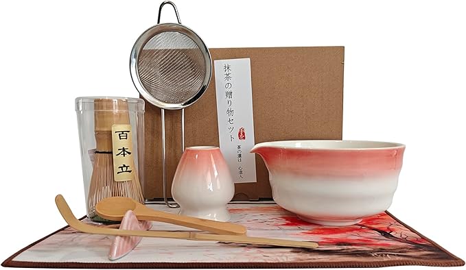 Matcha Whisk Set,8 Pcs Pink Matcha Kit - Ceramic Matcha Set Bowl with Spout,Bamboo Whisk & Holder,Scoop&Scoop Rest,Tea Towel,Stainless Sifter