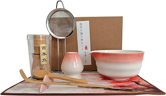 Matcha Whisk Set,8 Pcs Pink Matcha Kit - Ceramic Matcha Set Bowl with Spout,Bamboo Whisk & Holder,Scoop&Scoop Rest,Tea Towel,Stainless Sifter