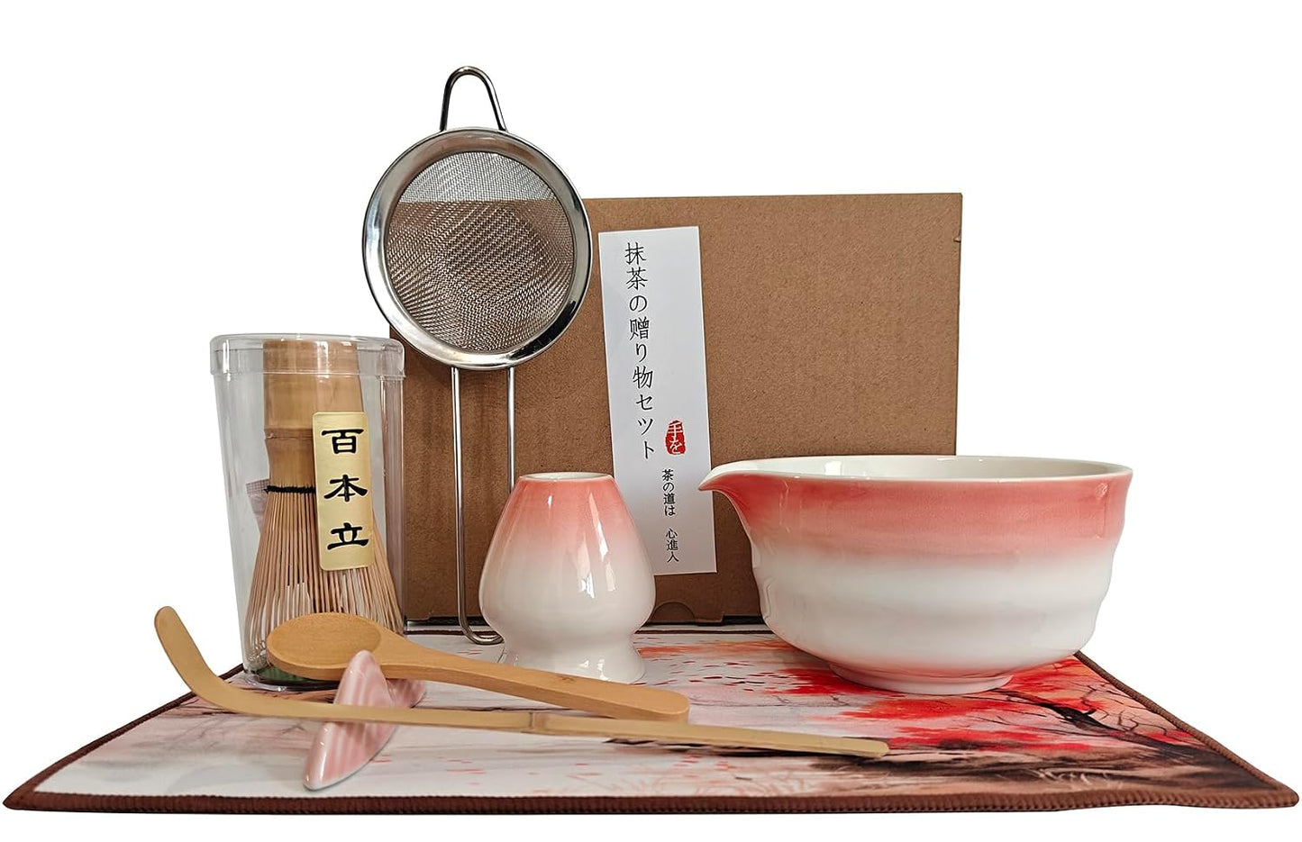 Matcha Whisk Set,8 Pcs Pink Matcha Kit - Ceramic Matcha Set Bowl with Spout,Bamboo Whisk & Holder,Scoop&Scoop Rest,Tea Towel,Stainless Sifter