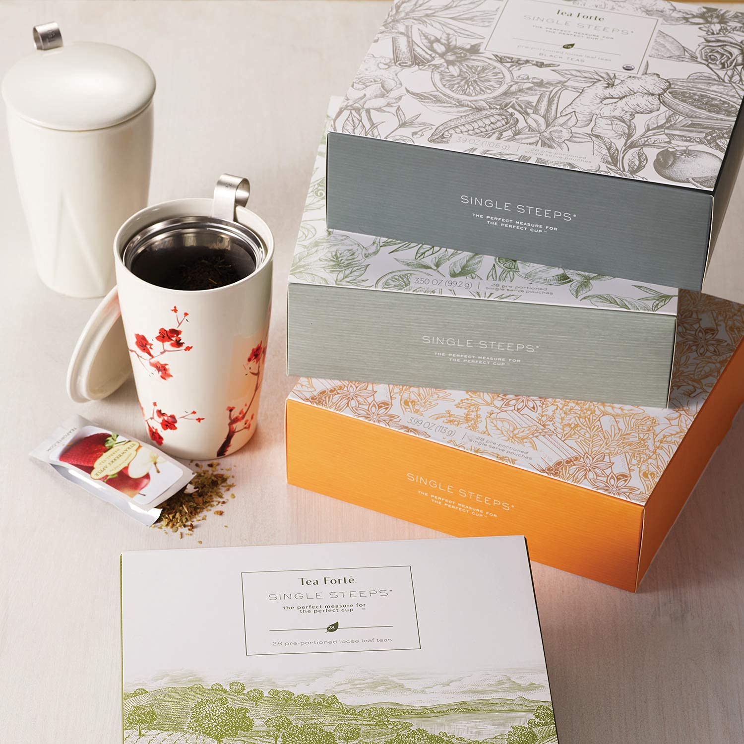 Tea Forte Single Steeps Loose Leaf Tea Sampler Tea Chest, Assorted Variety Tea Box, 28 Single Serve Pouches, Gifts for Mom, Herbal Tea