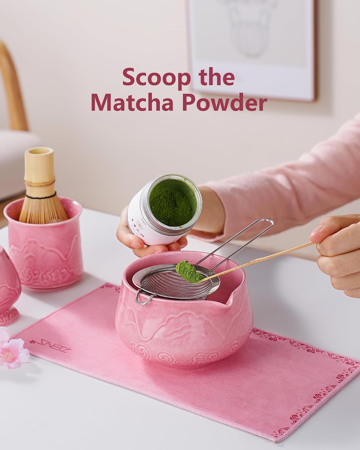 ZENS Premium Matcha Whisk Set with Blooming Cup, 7pcs Matcha Set, Pink | Ceramic Matcha Kit Icludes Ceramic Bowl, Bamboo Whisk, Chasen Holder, Scoop, 304 Sifter and Tea Mat, Matcha Lovers Gifts
