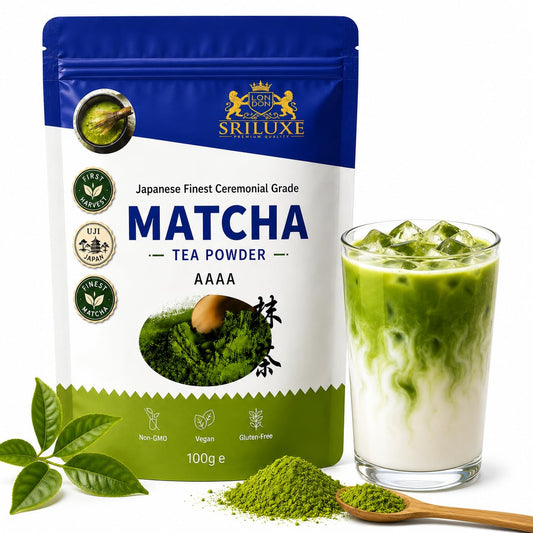 SRILUXE - Ceremonial Matcha Green Tea Powder - Premium Grade-100g. Produced in Japan, Uji, Kyoto. Use for Drinking, Cooking, Baking, Smoothie Making and with Milk. Vegan &amp; Vegetarian Friendly (100g, AAAA (4A))