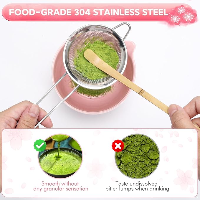8 PCS Matcha Whisk Set Cute cute matcha bowl and Bamboo whisk set Ceremonical Matcha Making Kit Ceramic Whisk Holder Stand, Sifter, Scoop Japanese Tea Tools For Ceremony Gift-Pink