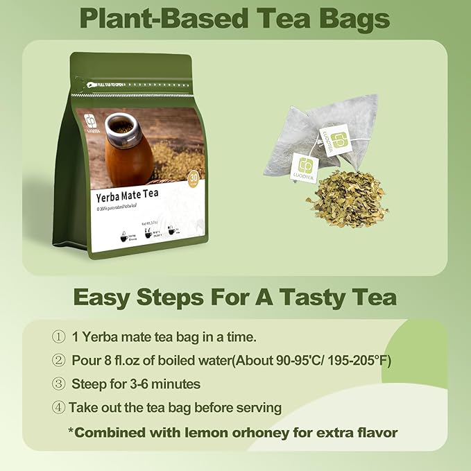 luoptea Unsmoked Yerba Mate Tea Bags from Argentina-100 NAtural Energy&Focus herbal Tea, Antioxidant Rich Detox Tea,Hot or Iced