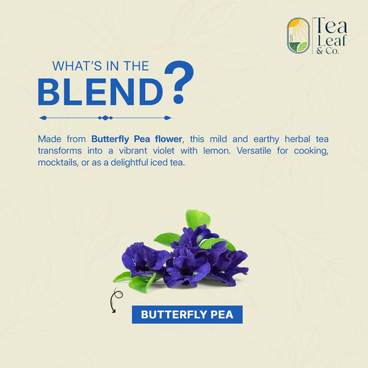 Tealeaf &amp; Co. Butterfly Pea Herbal Tea Bags Blended with Fresh Herbs - Herbal Tea with Butterfly Pea Flower - Contains Low Caffeine - Gluten Free - 50Teabags (3.52oz/100gm)