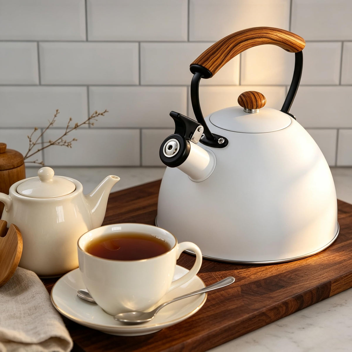 Ray Bear 101oz/3.2 Quart Whistling Tea Kettle Stovetop, White
