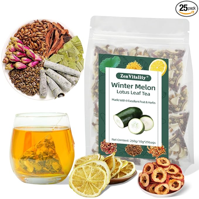 ZenVitality Oil Cleansing Tea Supports Fat Metabolism|Cholesterol Health|Digestive Health Winter Melon Lotus Leaf Tea with Chrysanthemum|Rose|Lemon|Cassia Seed|Hawthorn|Orange Peel|Buckwheat 10g*25Bag