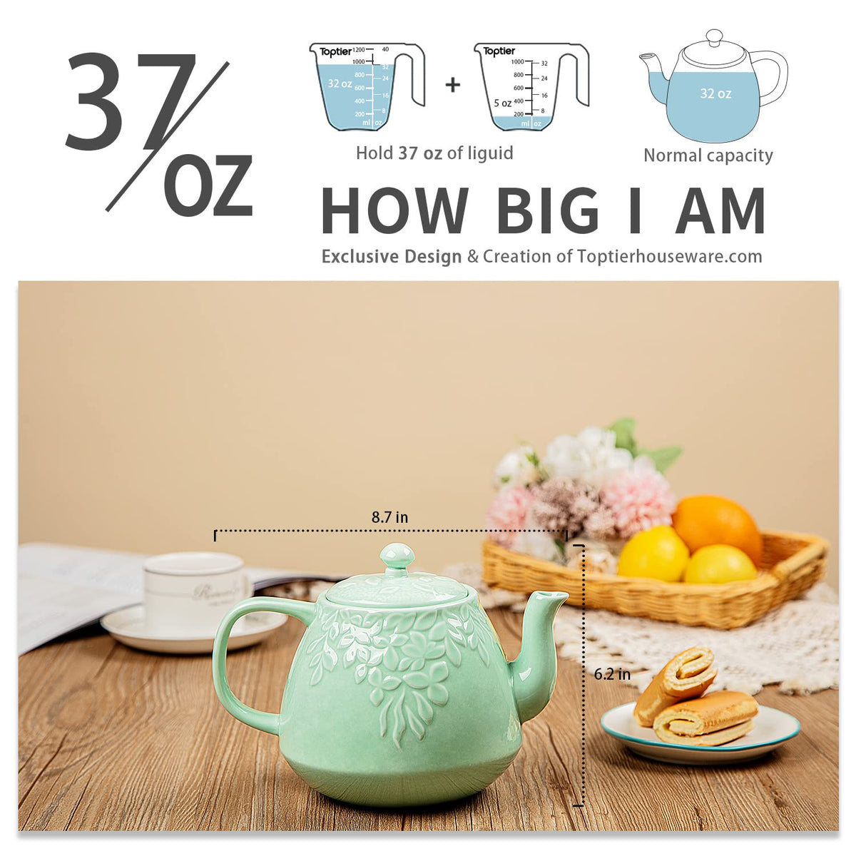Toptier Leaf Teapot, Porcelain Tea Pot with Infuser and Lid, Blooming & Loose Leaf Ceramic Teapot, 37 Ounce, Light Green