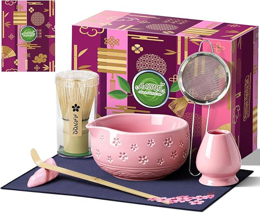AANQQ Matcha Whisk Set: 7-PCS Matcha Set Whisk & Bowl Kit - 19OZ/560ml Ceramic Matcha Bowl with Spout - Matcha Starter Making Kit Ceremony Gift for Japanese Tea Lovers/Kitchen/Office (Pink)