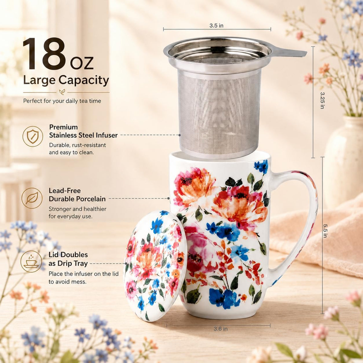 GBhome Tea Mug with Infuser and Lid,18 oz Loose Leaf Tea Cup with Steeper