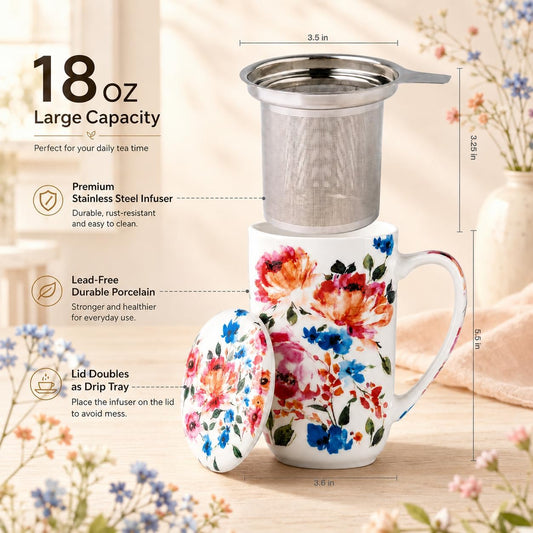 GBhome Tea Mug with Infuser and Lid,18 oz Loose Leaf Tea Cup with Steeper