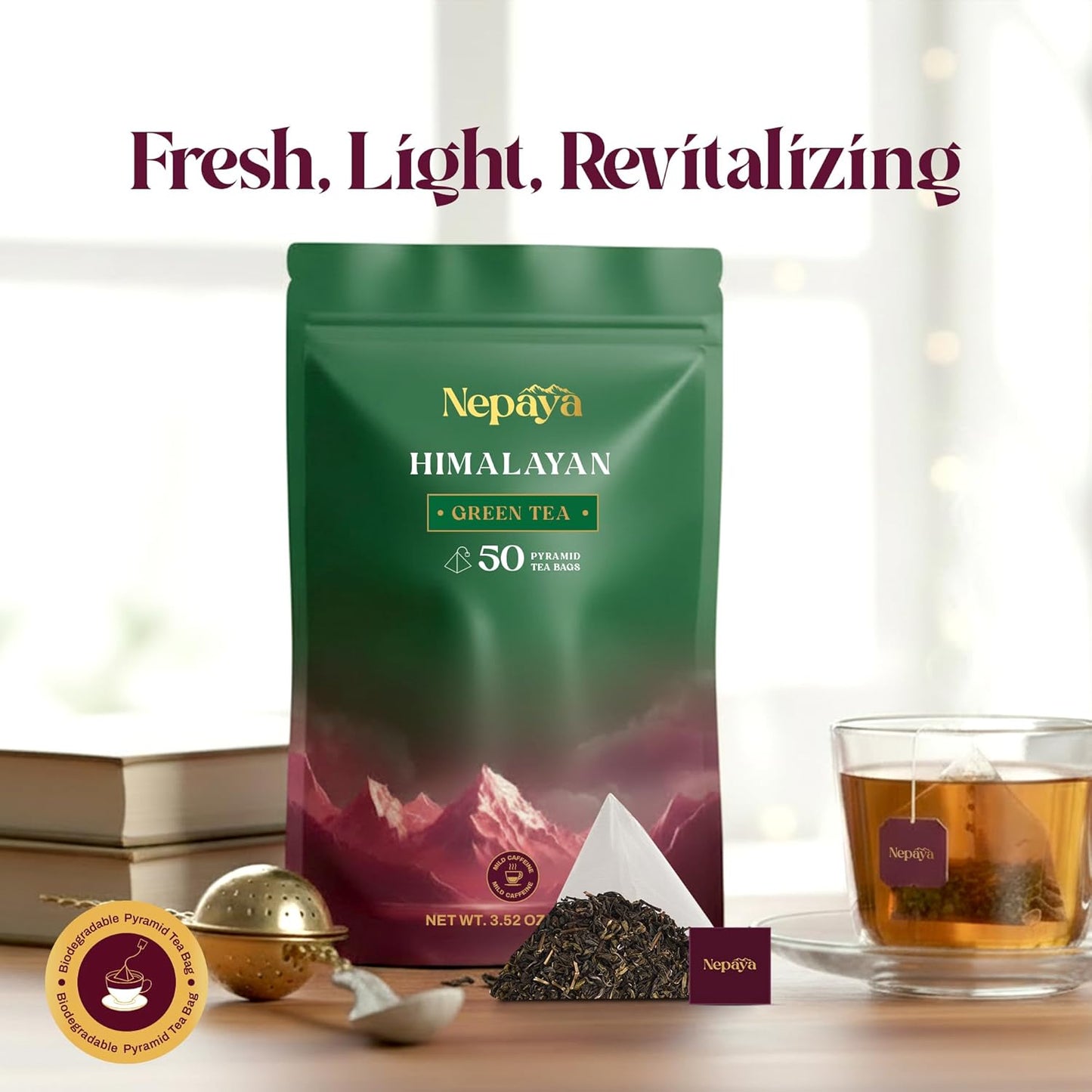 Nepaya Himalayan Green Tea Bags, High Grown Pure Green Tea, Low Caffeine, Smooth & Refreshing Taste, 50 Biodegradable Pyramid Tea Bags, Whole Leaf Green Tea for Hot or Iced Tea, Fresh & Natural Flavor