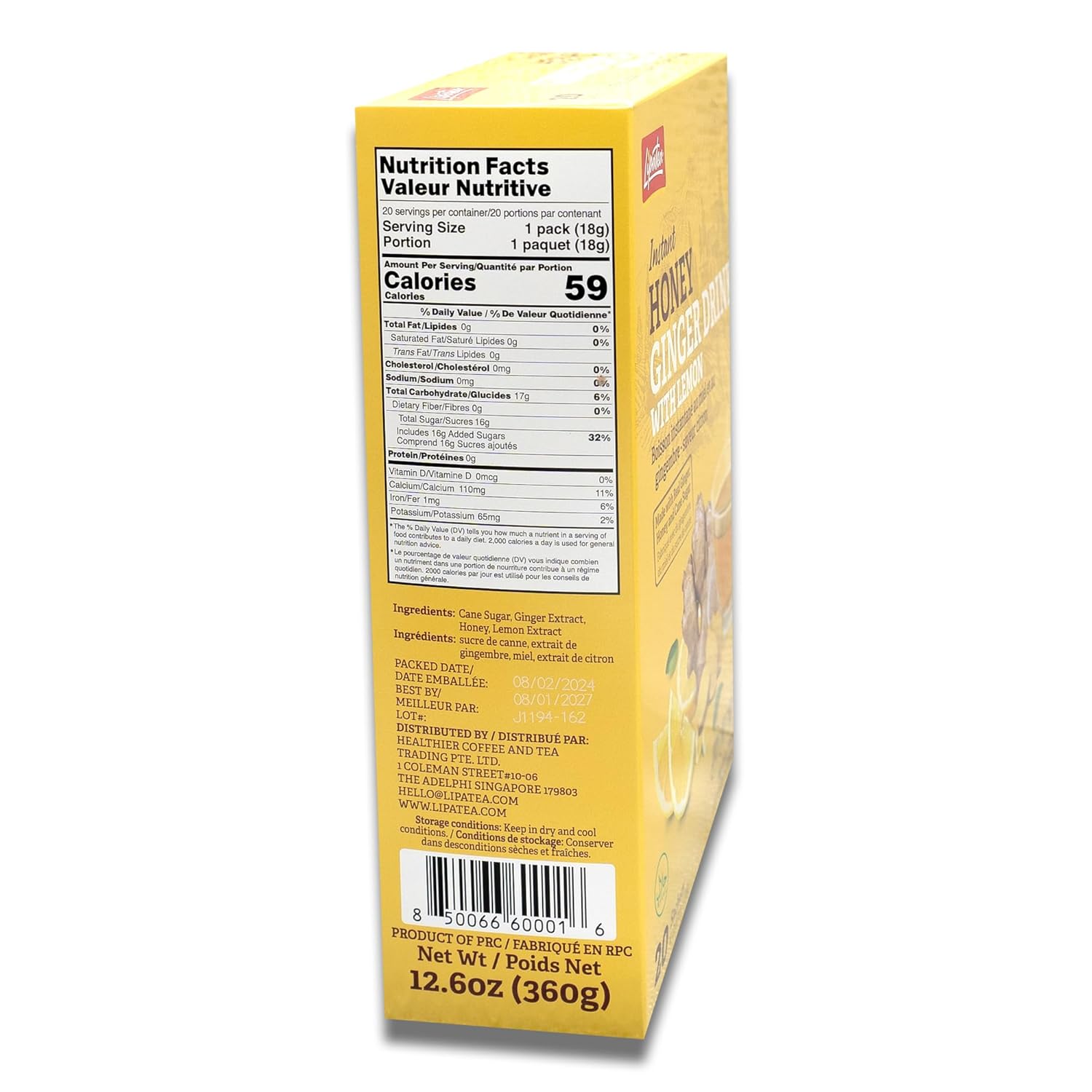 Lipatea Instant Honey Ginger Drink with Lemon, Caffeine Free Tea, Gluten Free, 100% Natural Lemon tea | Enjoy Hot or Cold (Pack of 1)