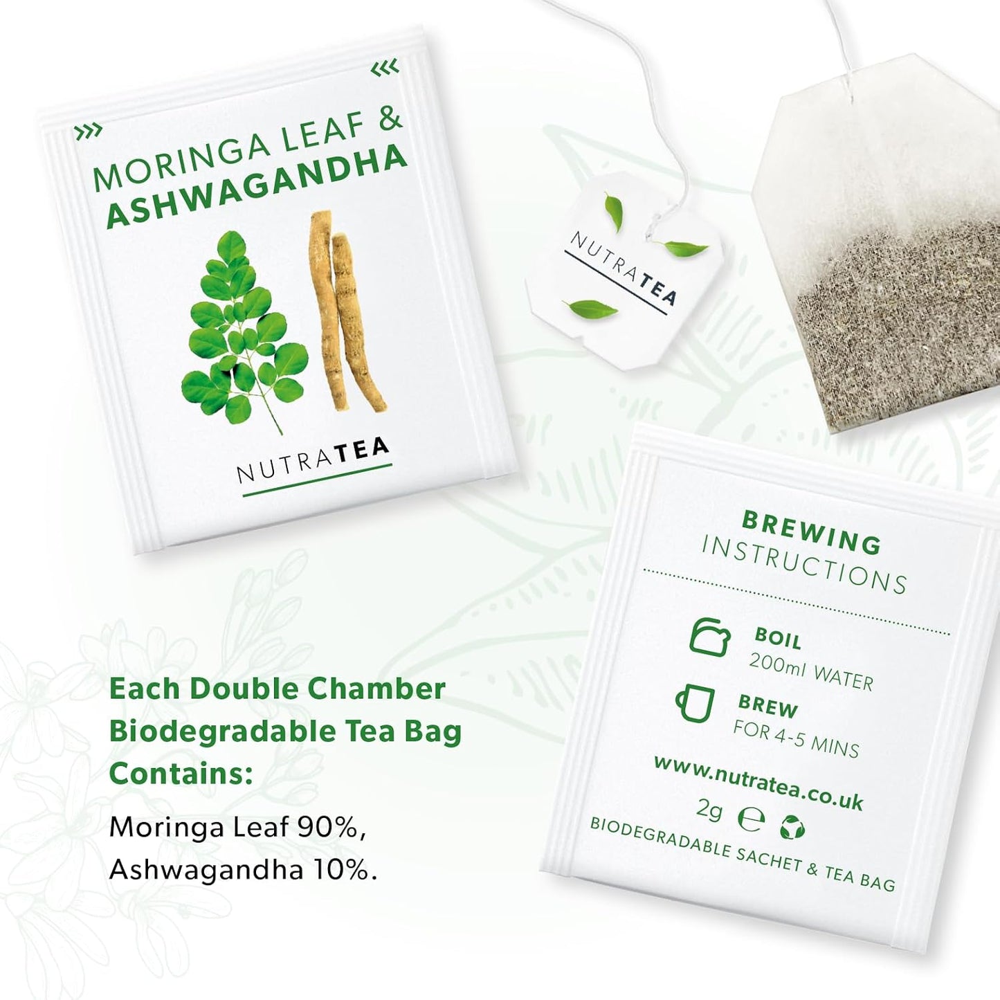 Nutra Tea - Moringa Leaf &amp; Ashwagandha – Moringa Tea Bags, Ashwagandha Tea Bags - For Mood Support and Stress Relief - 40 Individually Wrapped Bags - Herbal Infusion (2 Pack)