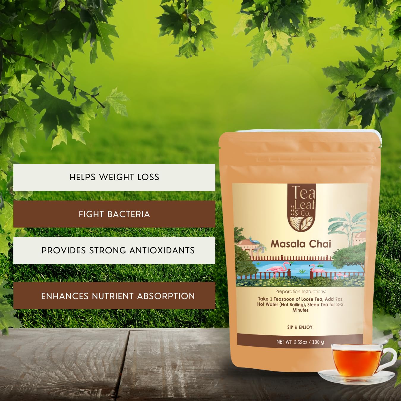 Tealeaf &amp; Co. Masala Chai - Loose Leaf Black Tea Blended with Organic Spices (Ginger, Cardamom, Black Pepper &amp; Cloves Whole Organic) - Low Caffeine (3.52oz/100gm)