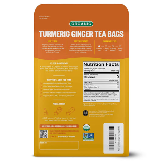 FGO Organic Turmeric Ginger Tea, Eco-Conscious Tea Bags, 100 Count, Packaging May Vary (Pack of 1)