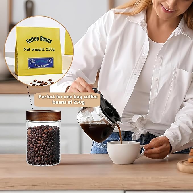 28 Fl oz/850 ml Glass Food Storage Jar, Premium Clear Glass Container Jar with Airtight Wooden Screw Lid, Kitchen Canisters for Coffee,Tea,Pasta,Cookies, Nuts,Spice,Candy,Overnight Oatmeal（Medium）