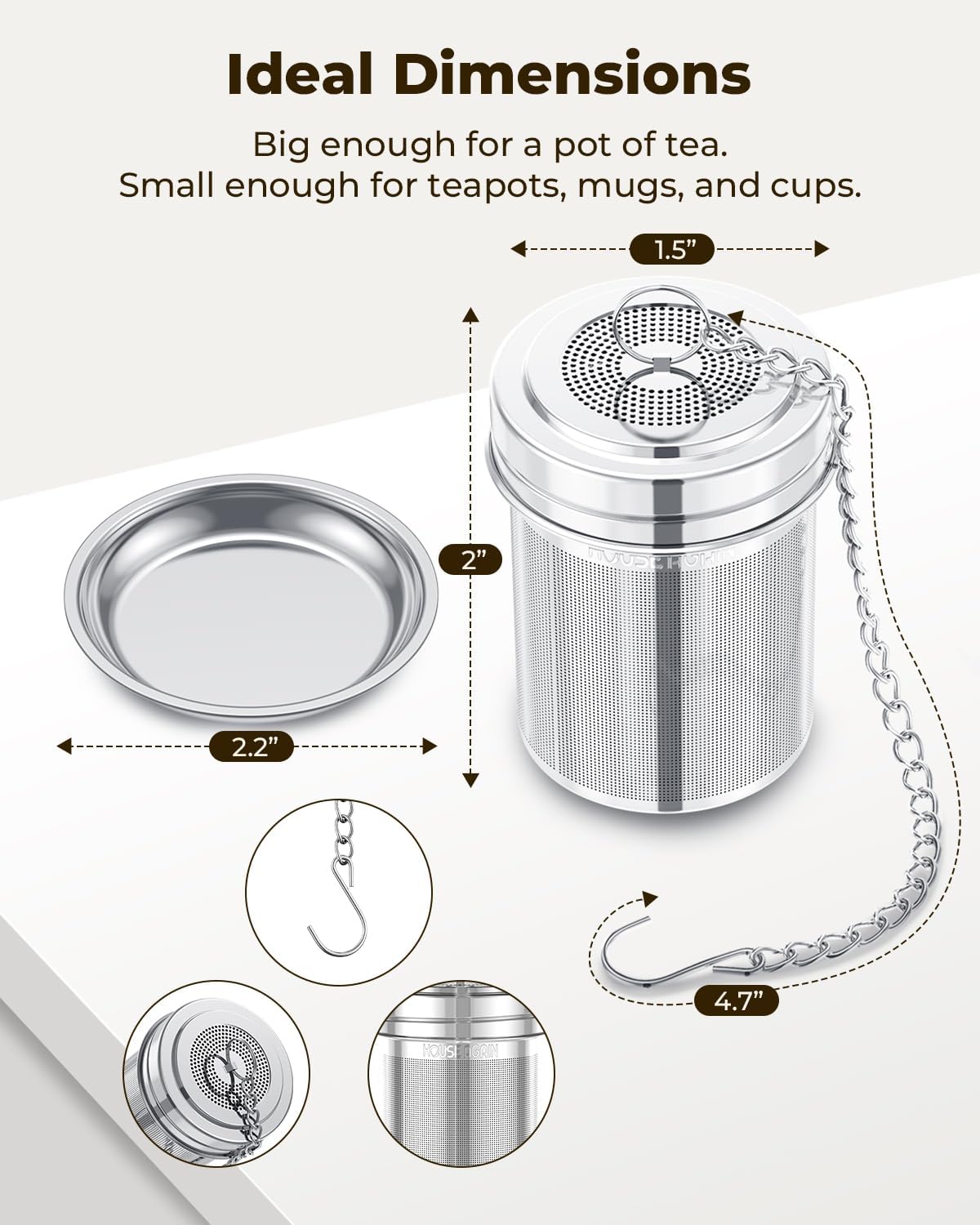 House Again 2 Pack Tea Strainers for Loose Tea, Extra Fine Mesh Tea Infusers, 304 Stainless Steel with Extended Chain Hook, Loose Leaf Tea Steeper, Tea Filter for Brew Tea Spices &amp; Seasoning