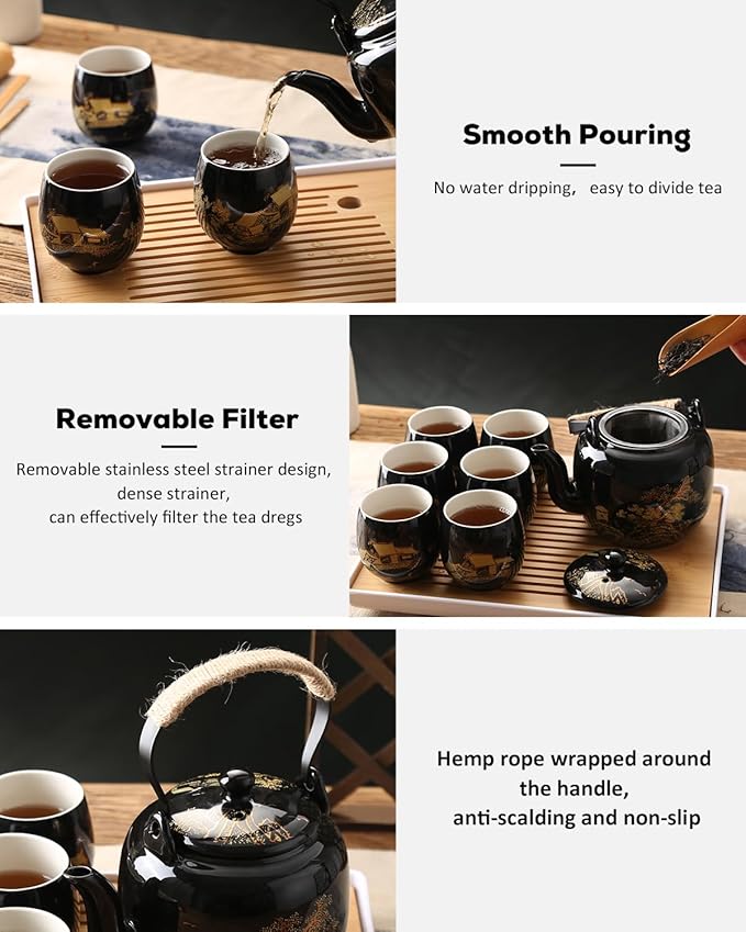 Dujust Japanese Tea Set, Black Porcelain Tea Set with 1 Teapot Set, 6 Tea Cups, 1 Tea Tray, 1 Stainless Infuser, Beautiful Asian Tea Sets for Adults